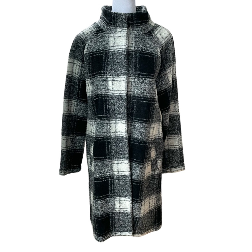 Max Studio Vintage Style Black and White Plaid Wool Funnel Neck Coat Jacket